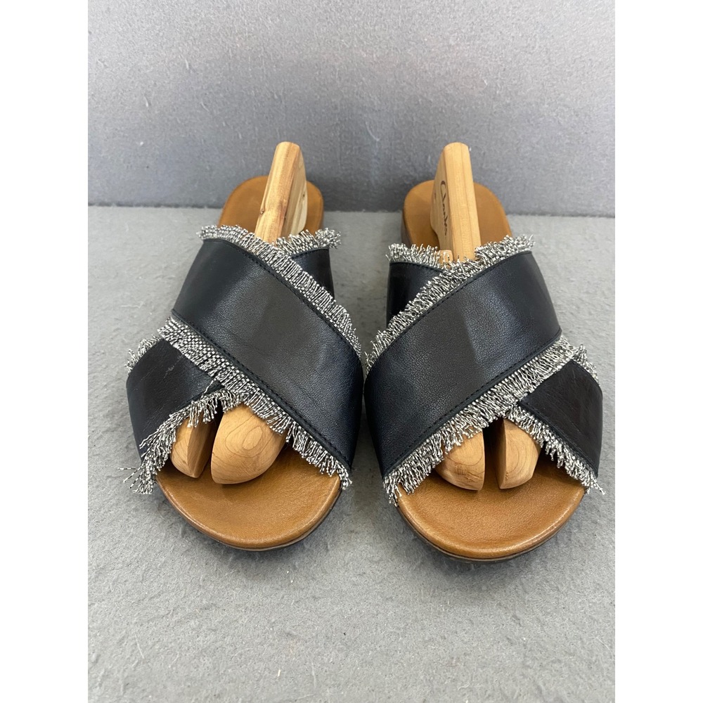 Bueno Black Leather Criss Cross Metallic Fringe Slide Sandals Women